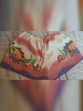 Hand-Painted Fish Graphic Shorts in Cream, Coral & Purple
